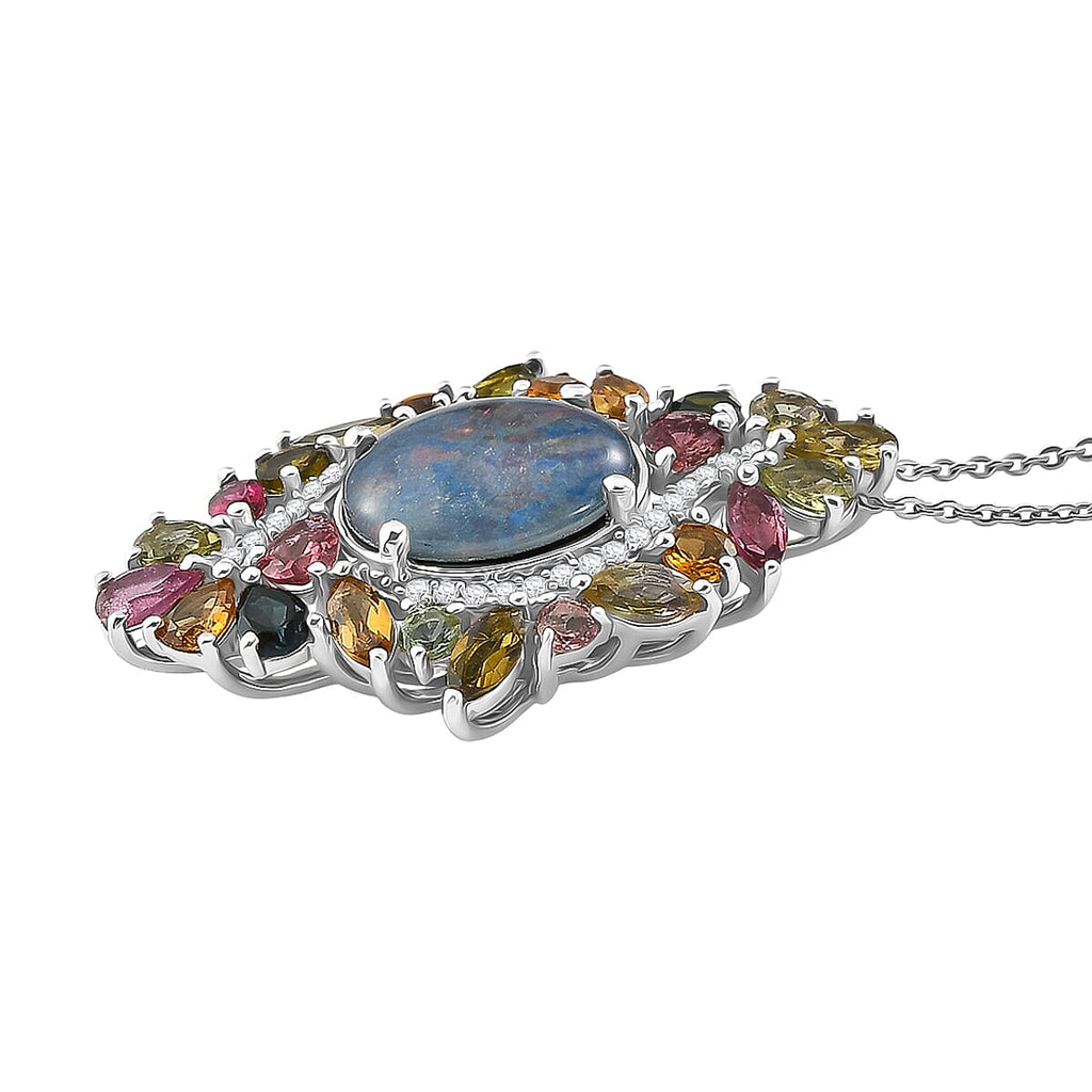D'Joy - Boulder Opal Multi-Tourmaline & White Zircon Cluster Pendant with Chain (Size 20) in Rhodium Overlay Sterling Silver 6.40 Ct.