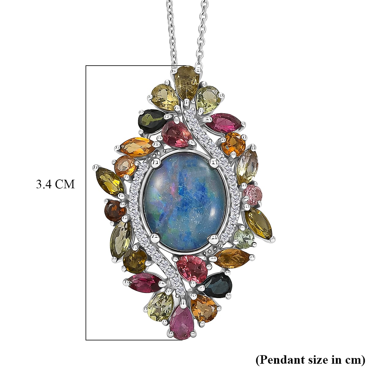 D'Joy - Boulder Opal Multi-Tourmaline &amp; White Zircon Cluster Pendant with Chain (Size 20) in Rhodium Overlay Sterling Silver 6.40 Ct. 4475723 7