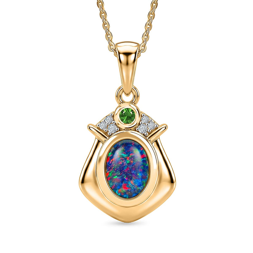 D'Joy - Boulder Opal Natural Chrome Diopside & White Zircon Pendant with Chain (Size 20) in Yellow Gold Plated Sterling Silver
