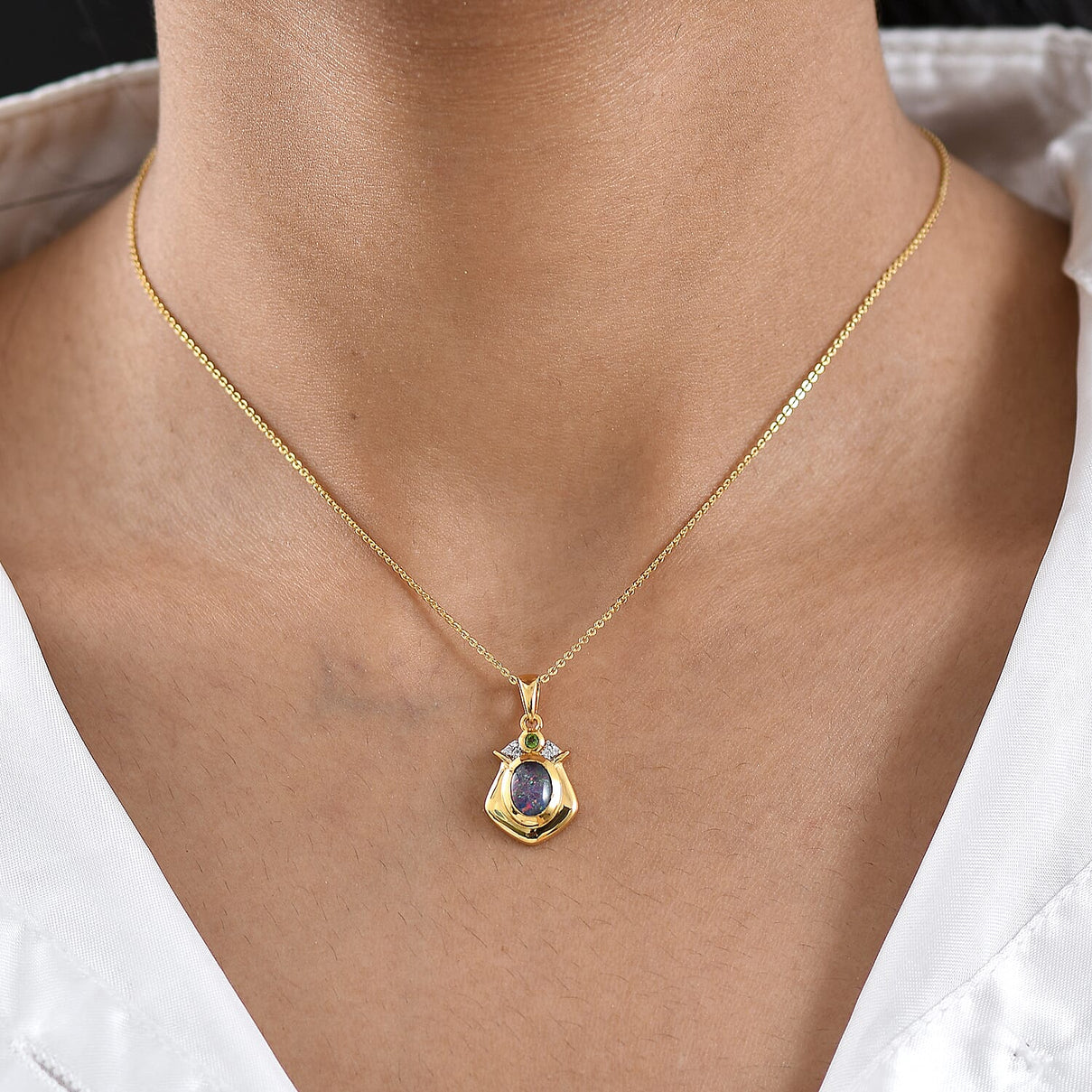 D'Joy - Boulder Opal Natural Chrome Diopside &amp; White Zircon Pendant with Chain (Size 20) in Yellow Gold Plated Sterling Silver 4475728 2