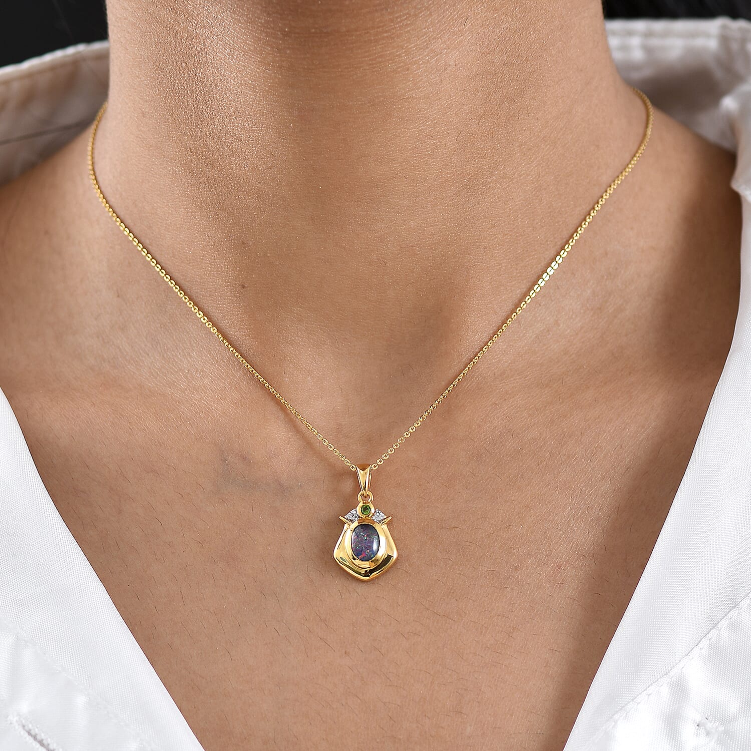 D'Joy - Boulder Opal Natural Chrome Diopside &amp; White Zircon Pendant with Chain (Size 20) in Yellow Gold Plated Sterling Silver 4475728 2