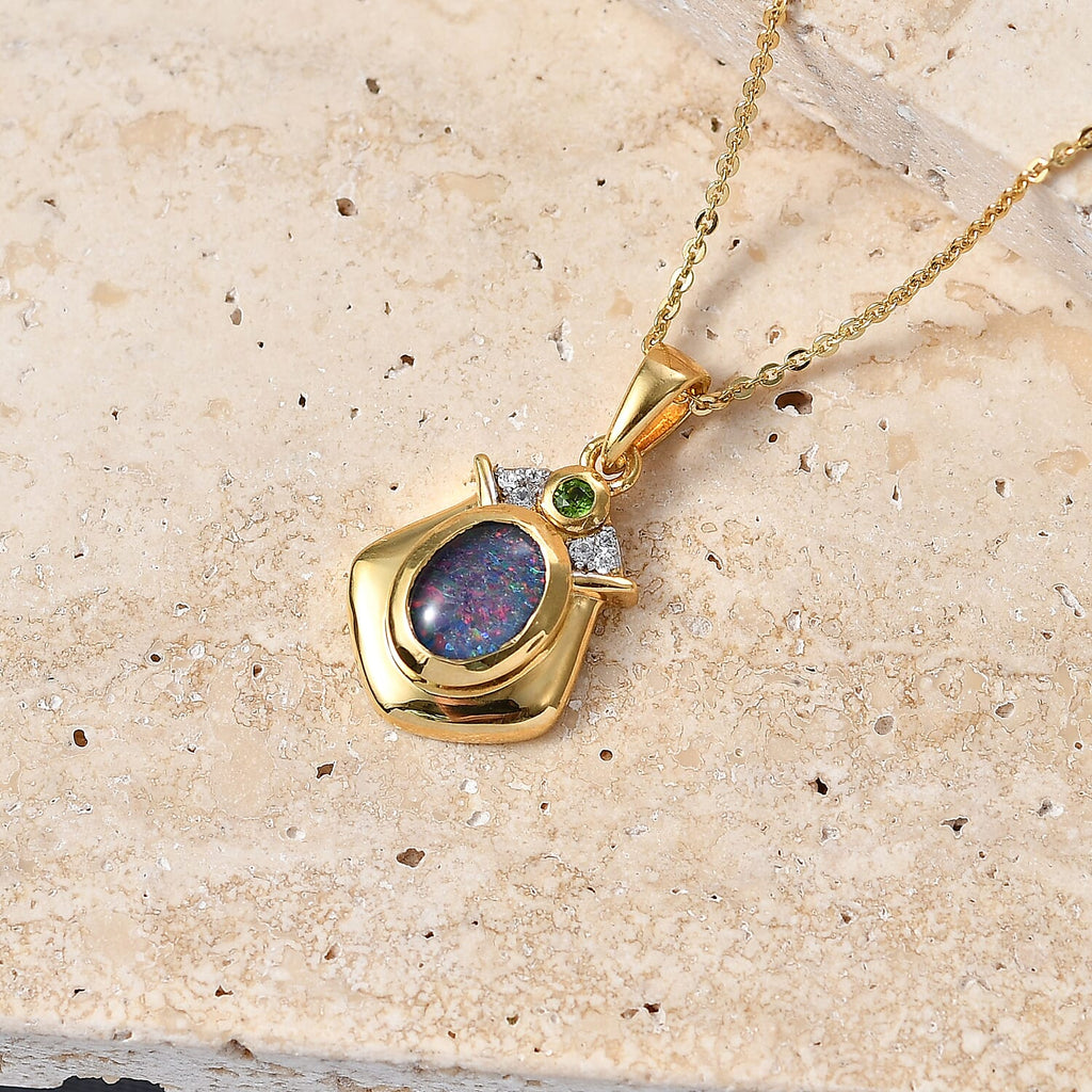 D'Joy - Boulder Opal Natural Chrome Diopside & White Zircon Pendant with Chain (Size 20) in Yellow Gold Plated Sterling Silver