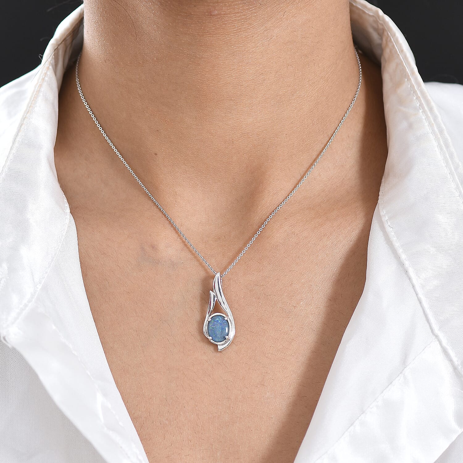 D'Joy - Boulder Opal Solitaire Pendant with Chain (Size 20) in Rhodium Overlay Sterling Silver 1.50 Ct. 4475725 2