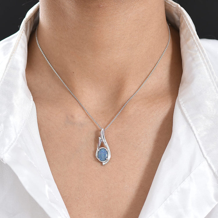 D'Joy - Boulder Opal Solitaire Pendant with Chain (Size 20) in Rhodium Overlay Sterling Silver 1.50 Ct. 4475725 2