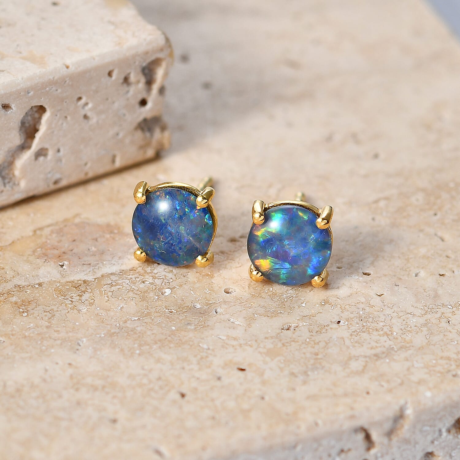 D'Joy - Boulder Opal Solitaire Stud Push Post Earring in Yellow Gold Plated Sterling Silver 1.64 Ct. V32513221 3