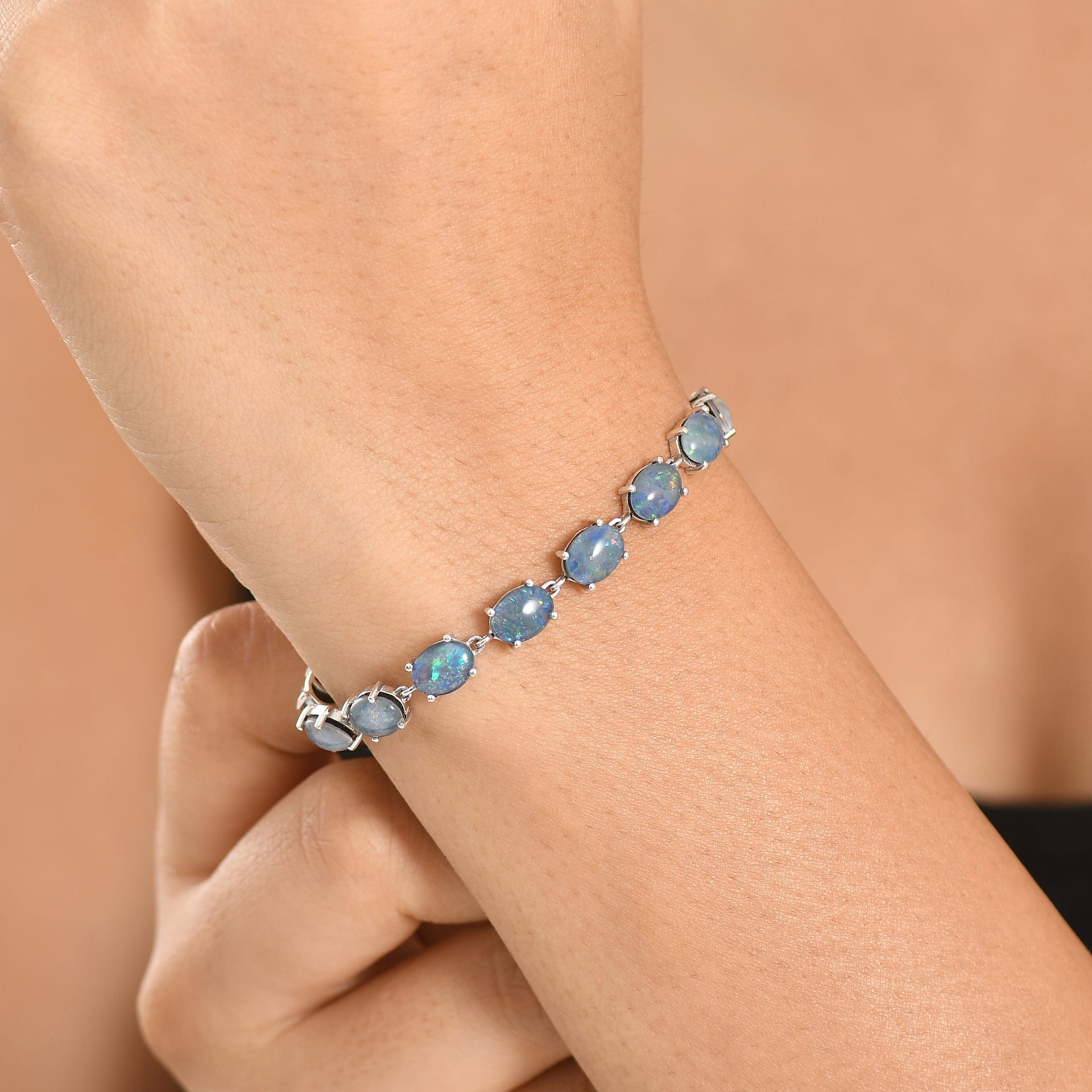 D'Joy - Boulder Opal White Zircon Cluster Bracelet (Size - 7) with GB Lock Box in Rhodium Overlay Sterling Silver 12.82 Ct. 8574519 2