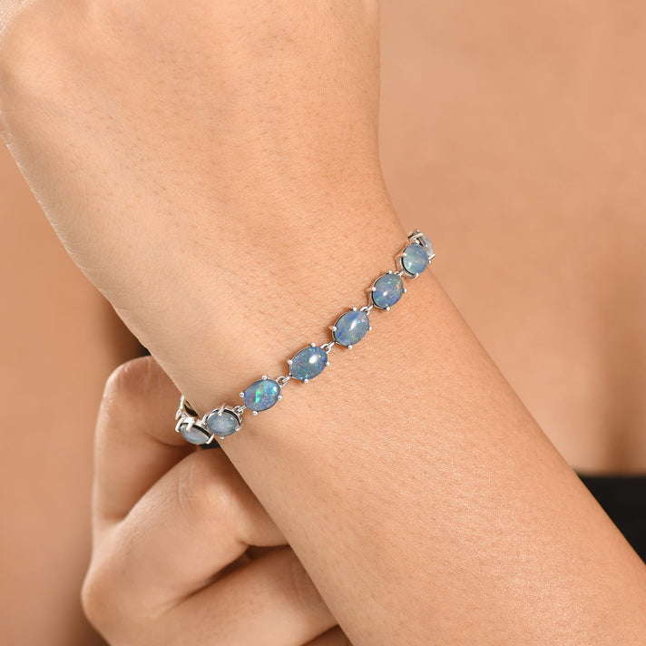 D'Joy - Boulder Opal White Zircon Cluster Bracelet (Size - 7) with GB Lock Box in Rhodium Overlay Sterling Silver 12.82 Ct. 8574519 2