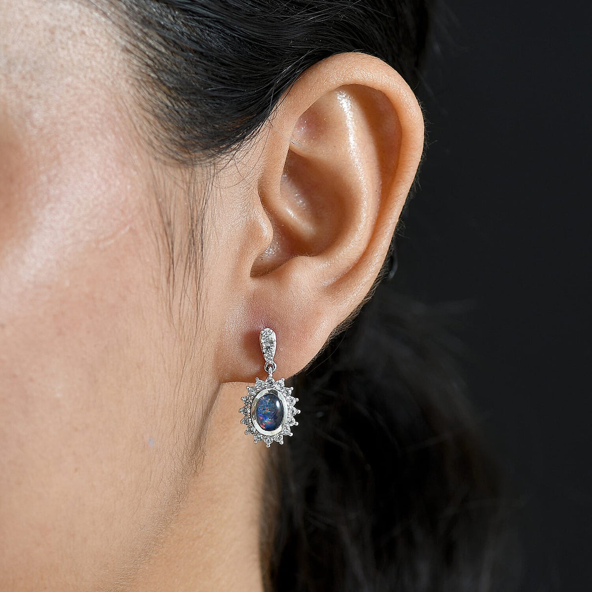 D'Joy - Boulder Opal White Zircon Dangling Earring with Push Back in Rhodium Overlay Sterling Silver 2.50 Ct. 8568024 2
