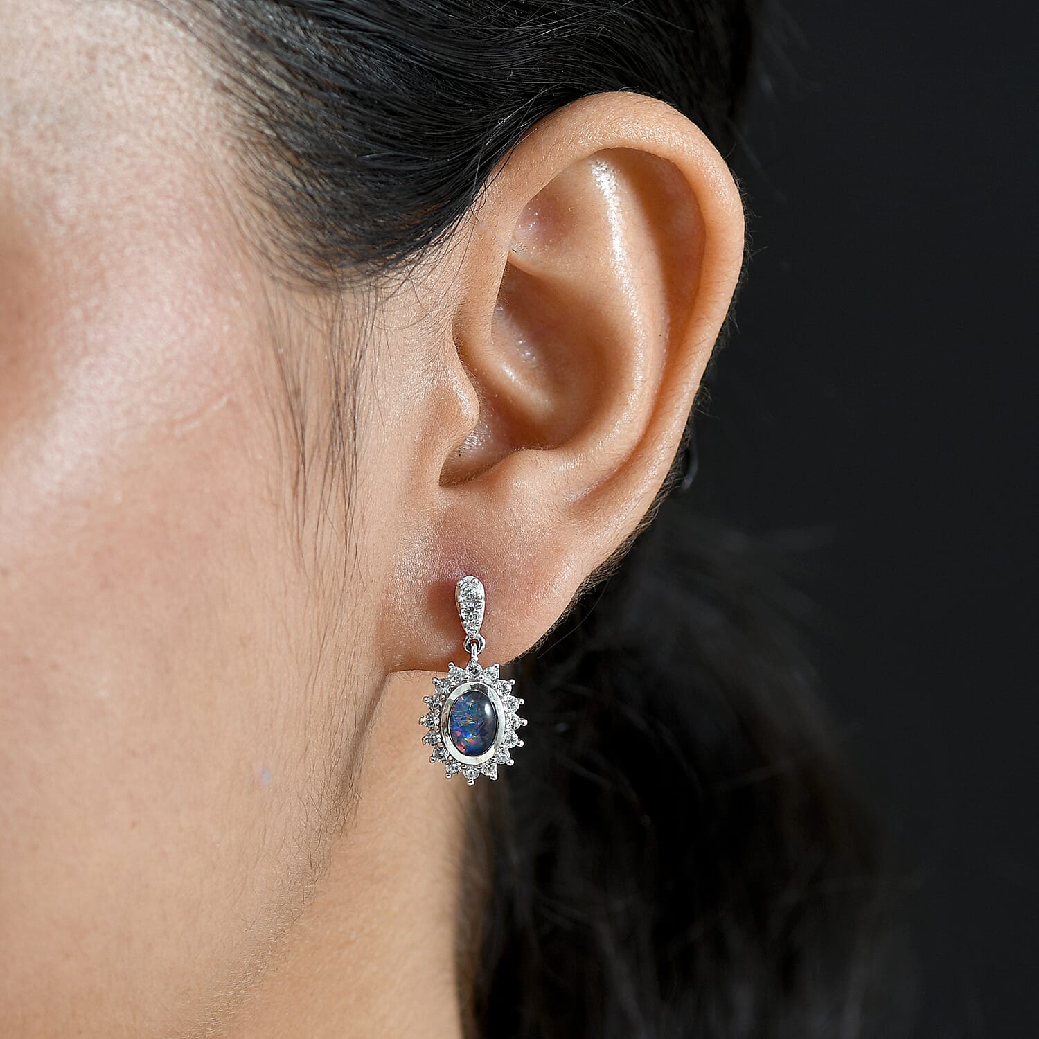 D'Joy - Boulder Opal White Zircon Dangling Earring with Push Back in Rhodium Overlay Sterling Silver 2.50 Ct. 8568024 2