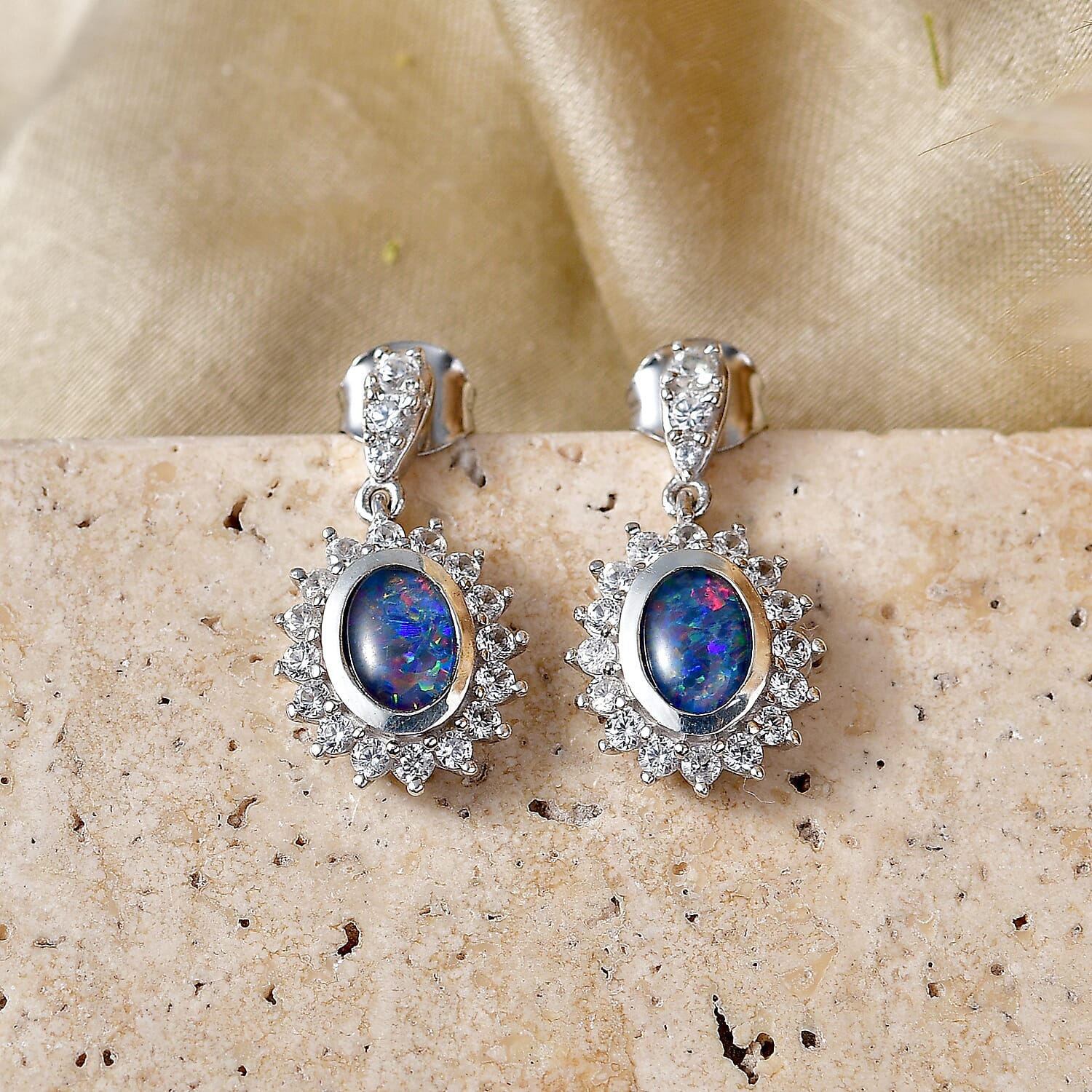 D'Joy - Boulder Opal White Zircon Dangling Earring with Push Back in Rhodium Overlay Sterling Silver 2.50 Ct. 8568024 3