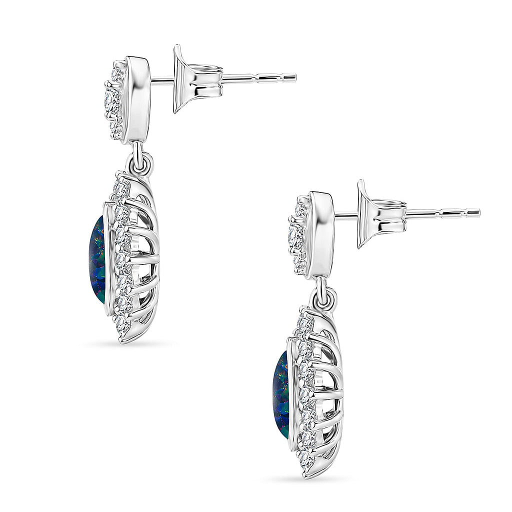D'Joy - Boulder Opal White Zircon Dangling Earring with Push Back in Rhodium Overlay Sterling Silver 2.50 Ct.