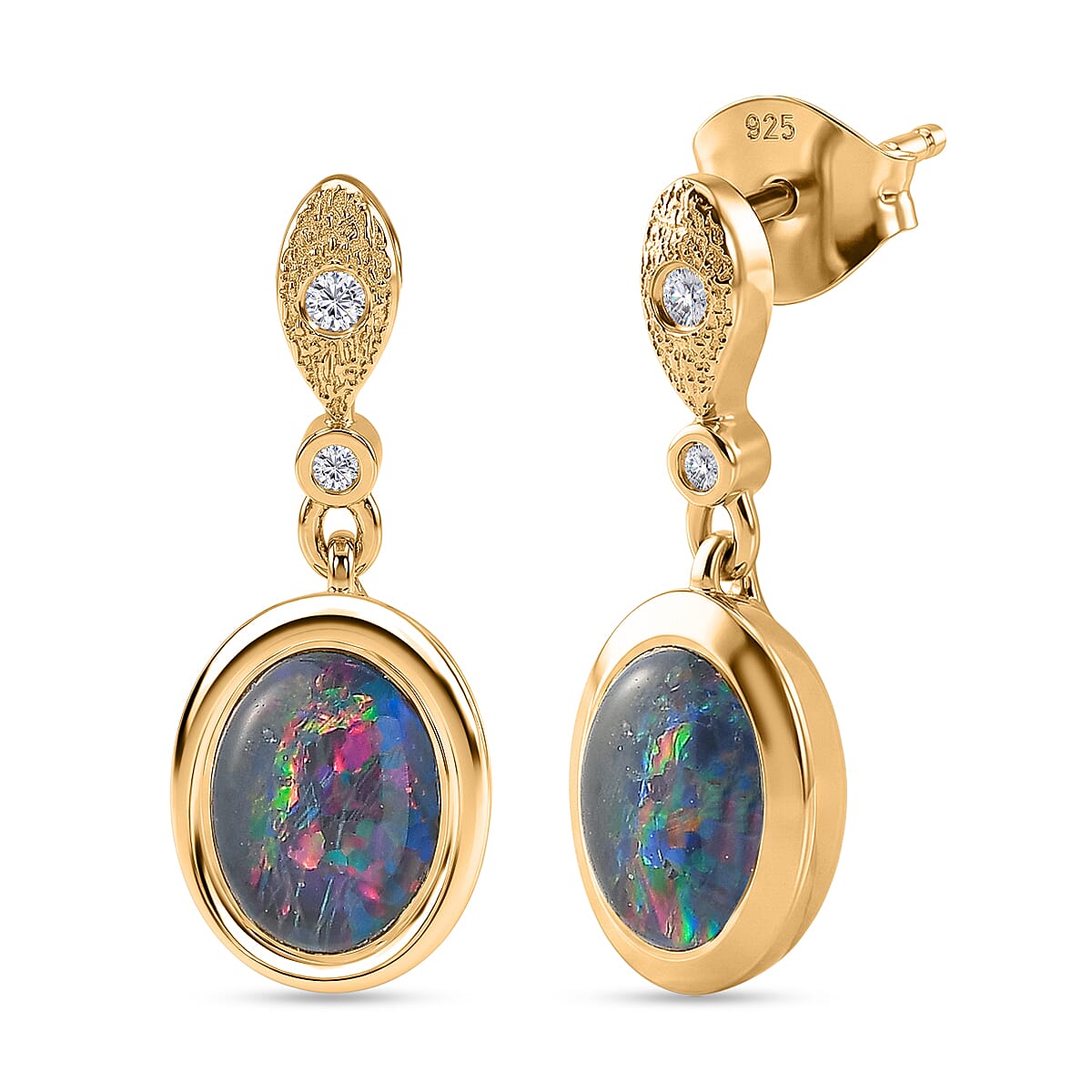 D'Joy - Boulder Opal White Zircon Dangling Earring with Push Post in Yellow Gold Plated Sterling Silver 1.75 Ct. 8568041 0
