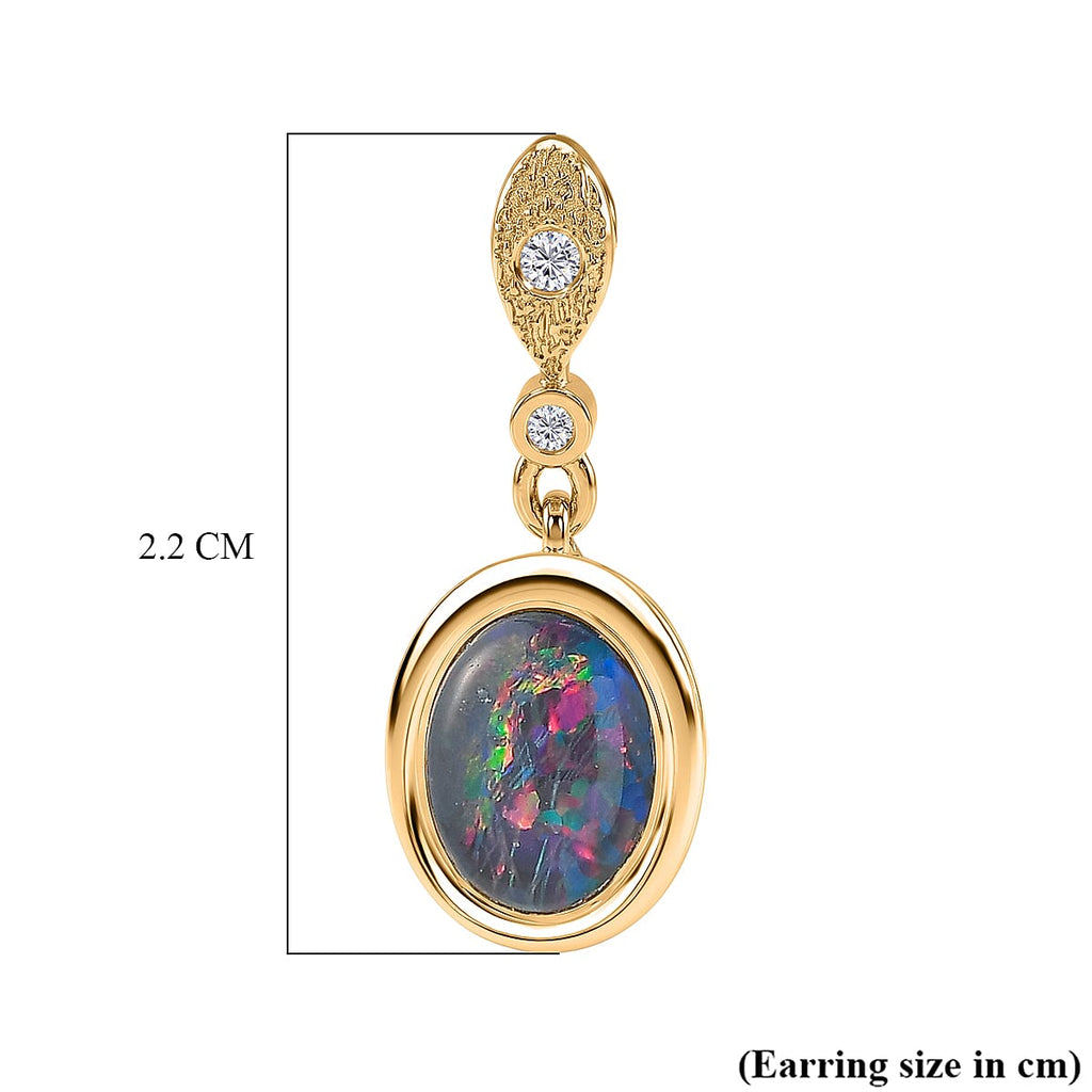 D'Joy - Boulder Opal White Zircon Dangling Earring with Push Post in Yellow Gold Plated Sterling Silver 1.75 Ct.