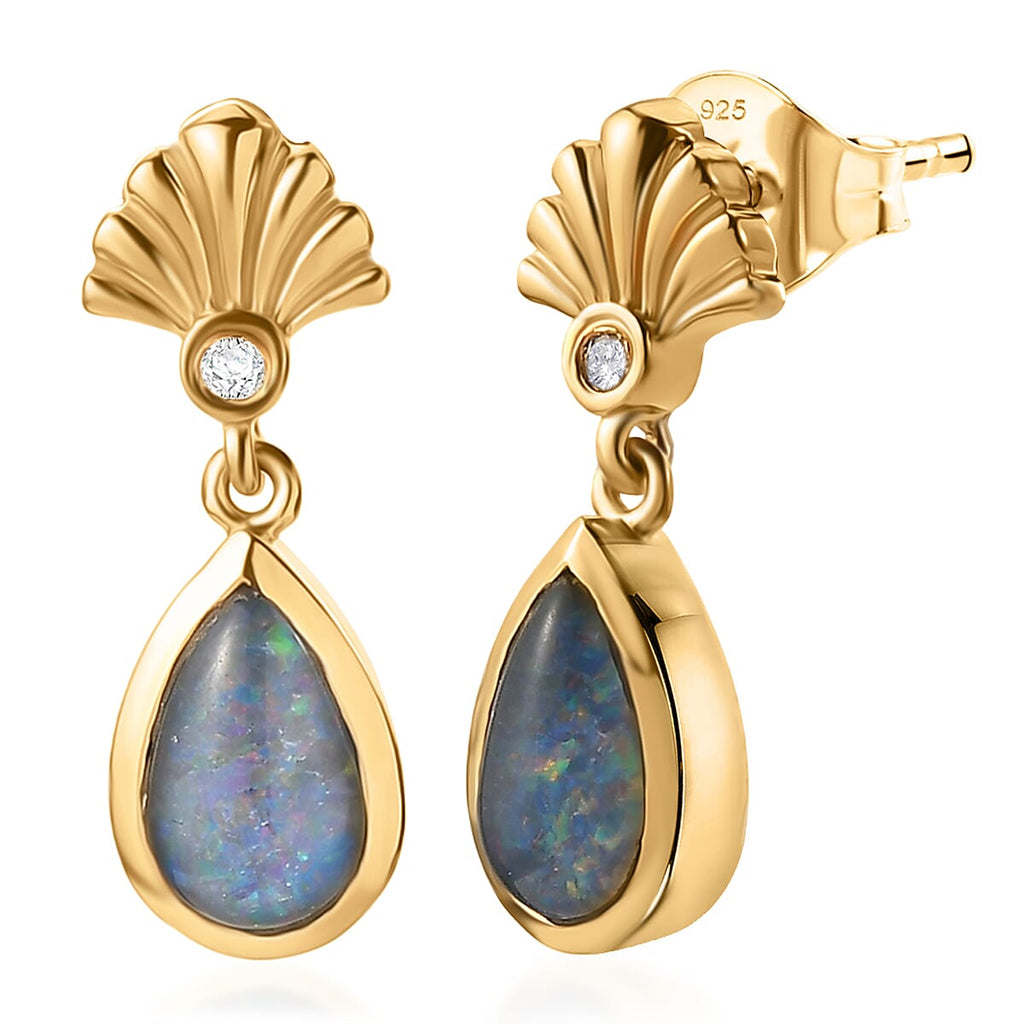 D'Joy - Boulder Opal White Zircon Dangling Earring with Push Post in Yellow Gold Plated Sterling Silver 1.36 Ct.