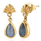 D'Joy - Boulder Opal White Zircon Dangling Earring with Push Post in Yellow Gold Plated Sterling Silver 1.36 Ct.