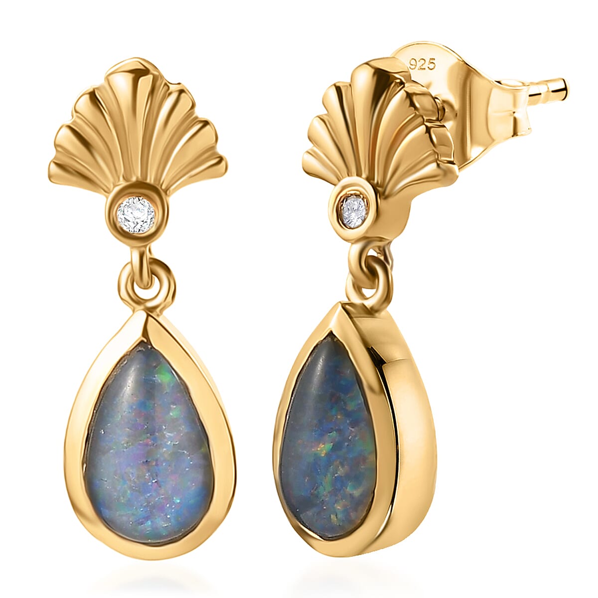 D'Joy - Boulder Opal White Zircon Dangling Earring with Push Post in Yellow Gold Plated Sterling Silver 1.36 Ct. 8568042 0