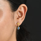 D'Joy - Boulder Opal White Zircon Dangling Earring with Push Post in Yellow Gold Plated Sterling Silver 1.36 Ct.