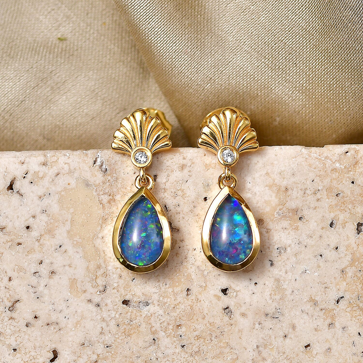 D'Joy - Boulder Opal White Zircon Dangling Earring with Push Post in Yellow Gold Plated Sterling Silver 1.36 Ct. 8568042 3