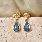 D'Joy - Boulder Opal White Zircon Dangling Earring with Push Post in Yellow Gold Plated Sterling Silver 1.36 Ct.