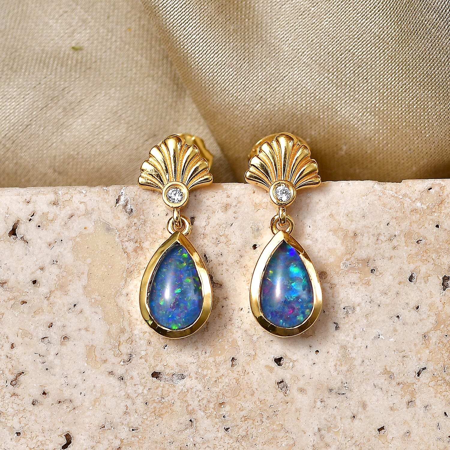 D'Joy - Boulder Opal White Zircon Dangling Earring with Push Post in Yellow Gold Plated Sterling Silver 1.36 Ct. 8568042 3