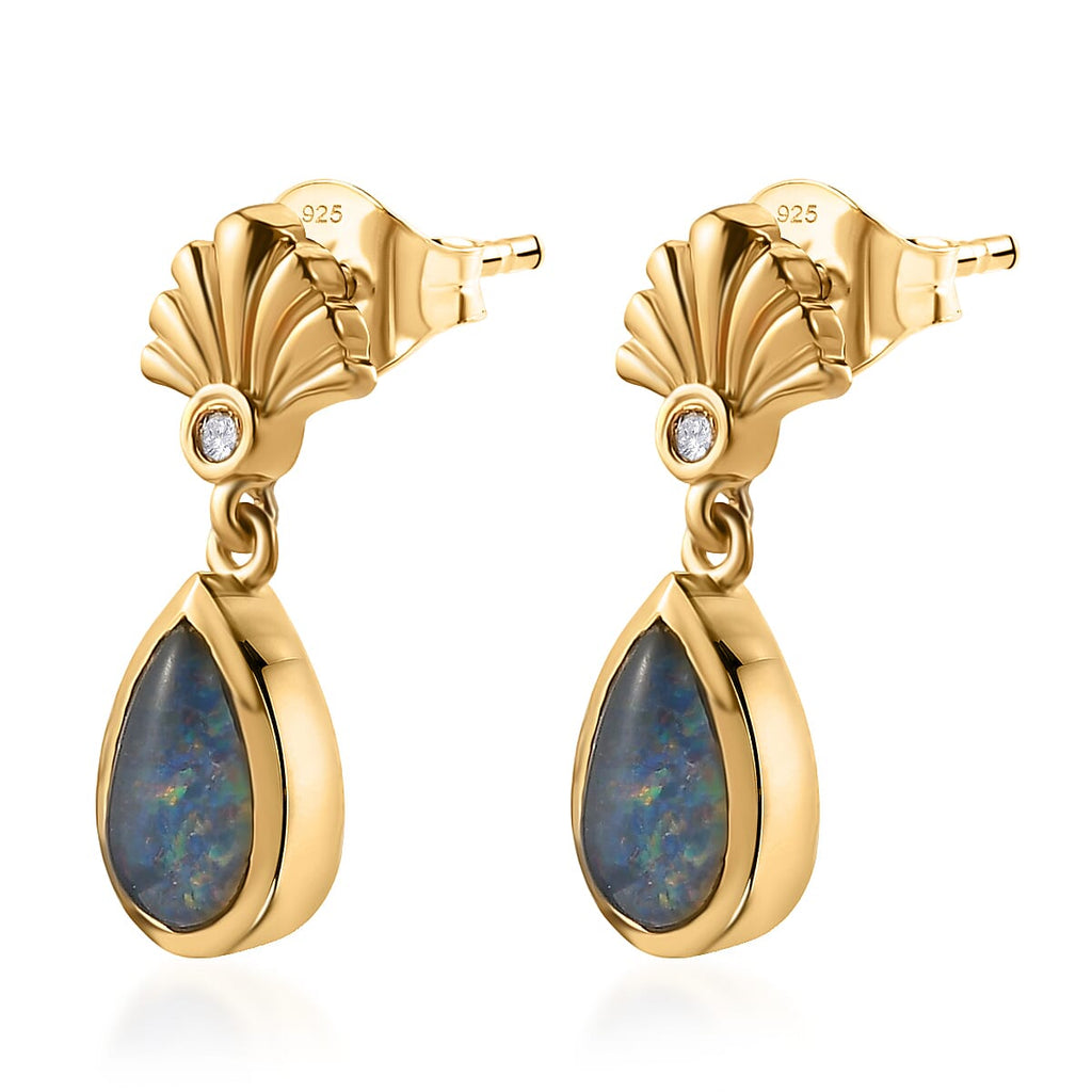 D'Joy - Boulder Opal White Zircon Dangling Earring with Push Post in Yellow Gold Plated Sterling Silver 1.36 Ct.