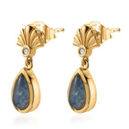 D'Joy - Boulder Opal White Zircon Dangling Earring with Push Post in Yellow Gold Plated Sterling Silver 1.36 Ct.