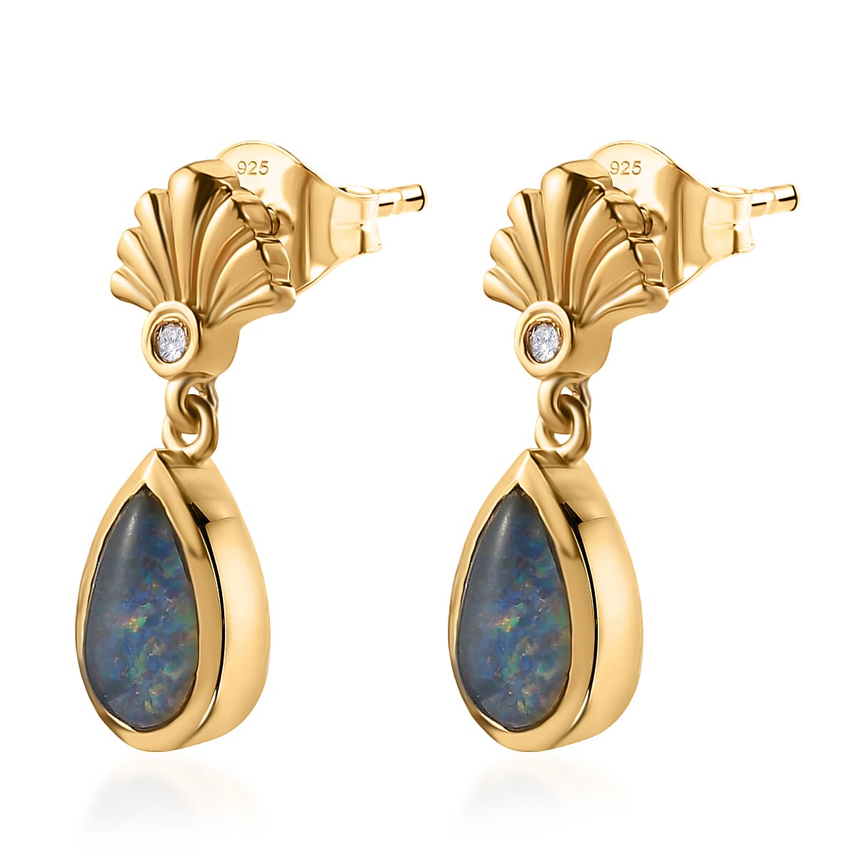 D'Joy - Boulder Opal White Zircon Dangling Earring with Push Post in Yellow Gold Plated Sterling Silver 1.36 Ct. 8568042 4