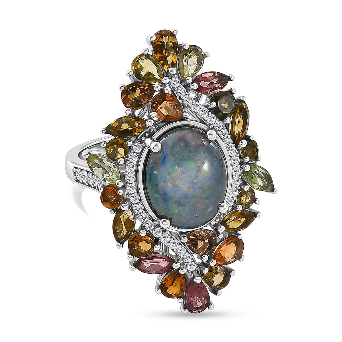 Boulder Opal White Zircon &amp; Multi-Tourmaline Cluster Ring in Rhodium Overlay Sterling Silver 6.70 Ct. 8568013 0