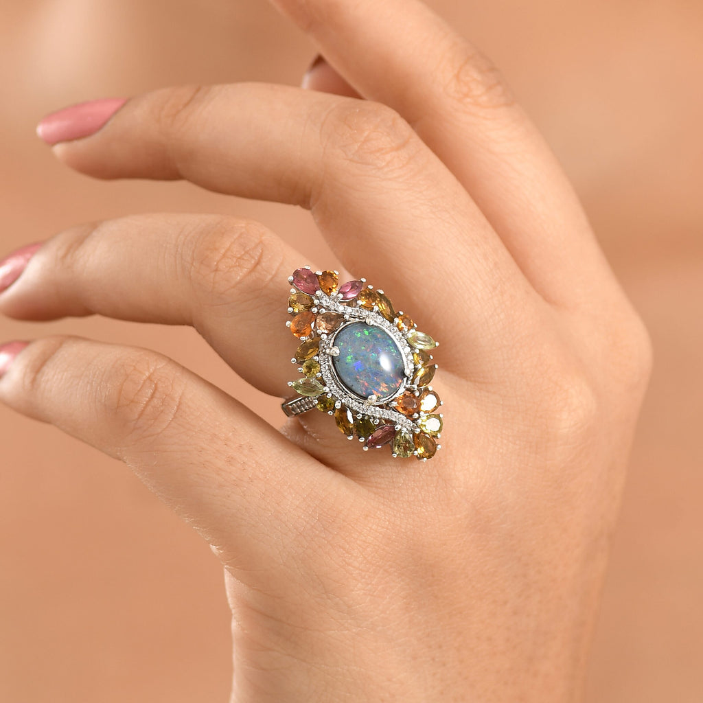D'Joy - Boulder Opal Triplet, White Zircon & Multi-Tourmaline Cluster Ring in Rhodium Overlay Sterling Silver 6.70 Ct.