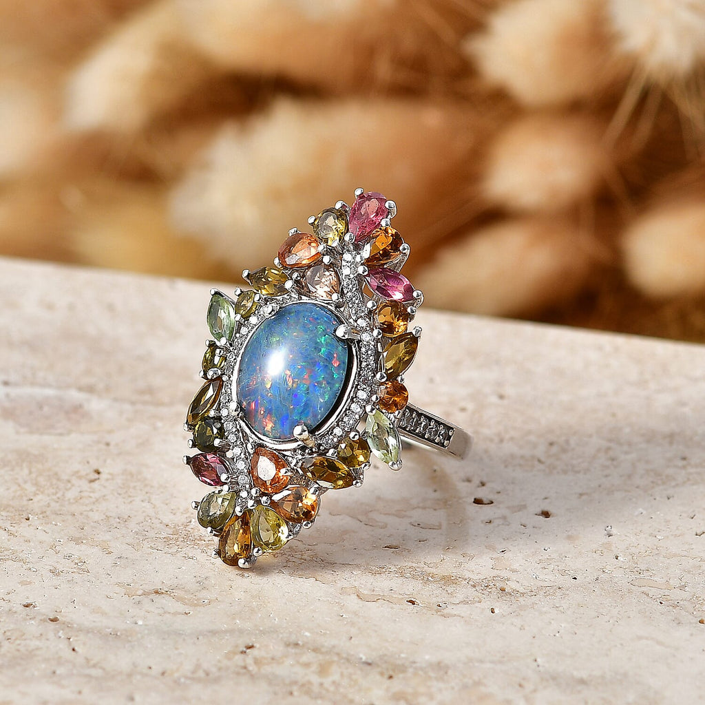 D'Joy - Boulder Opal Triplet, White Zircon & Multi-Tourmaline Cluster Ring in Rhodium Overlay Sterling Silver 6.70 Ct.