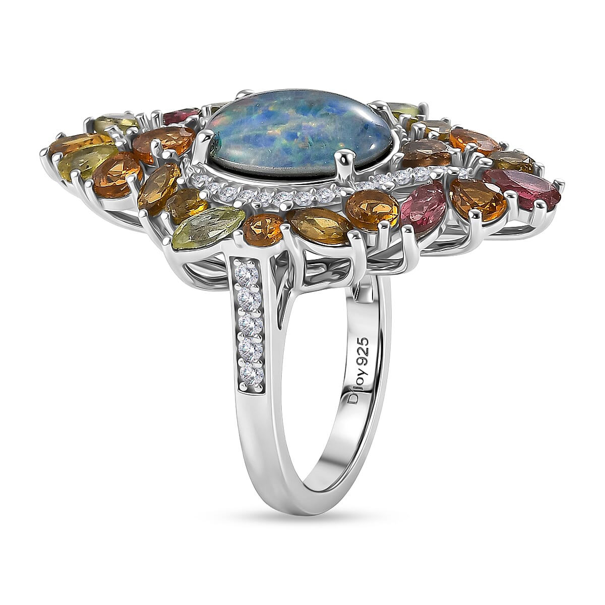 Boulder Opal White Zircon &amp; Multi-Tourmaline Cluster Ring in Rhodium Overlay Sterling Silver 6.70 Ct. 8568013 4