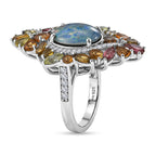 D'Joy - Boulder Opal Triplet, White Zircon & Multi-Tourmaline Cluster Ring in Rhodium Overlay Sterling Silver 6.70 Ct.