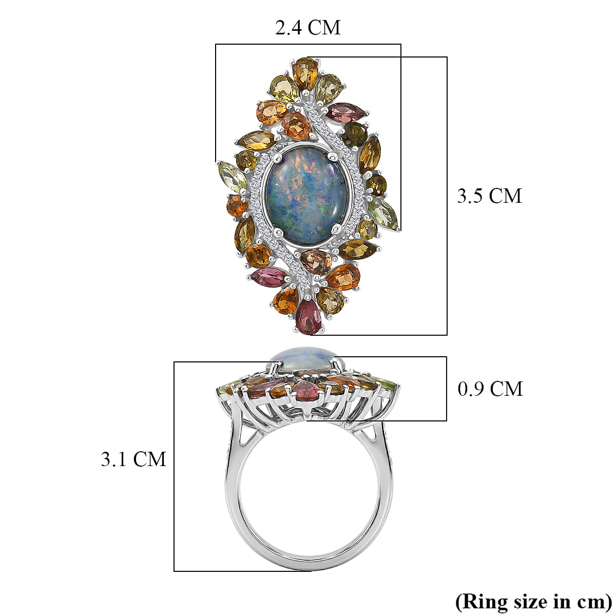 Boulder Opal White Zircon &amp; Multi-Tourmaline Cluster Ring in Rhodium Overlay Sterling Silver 6.70 Ct. 8568013 6