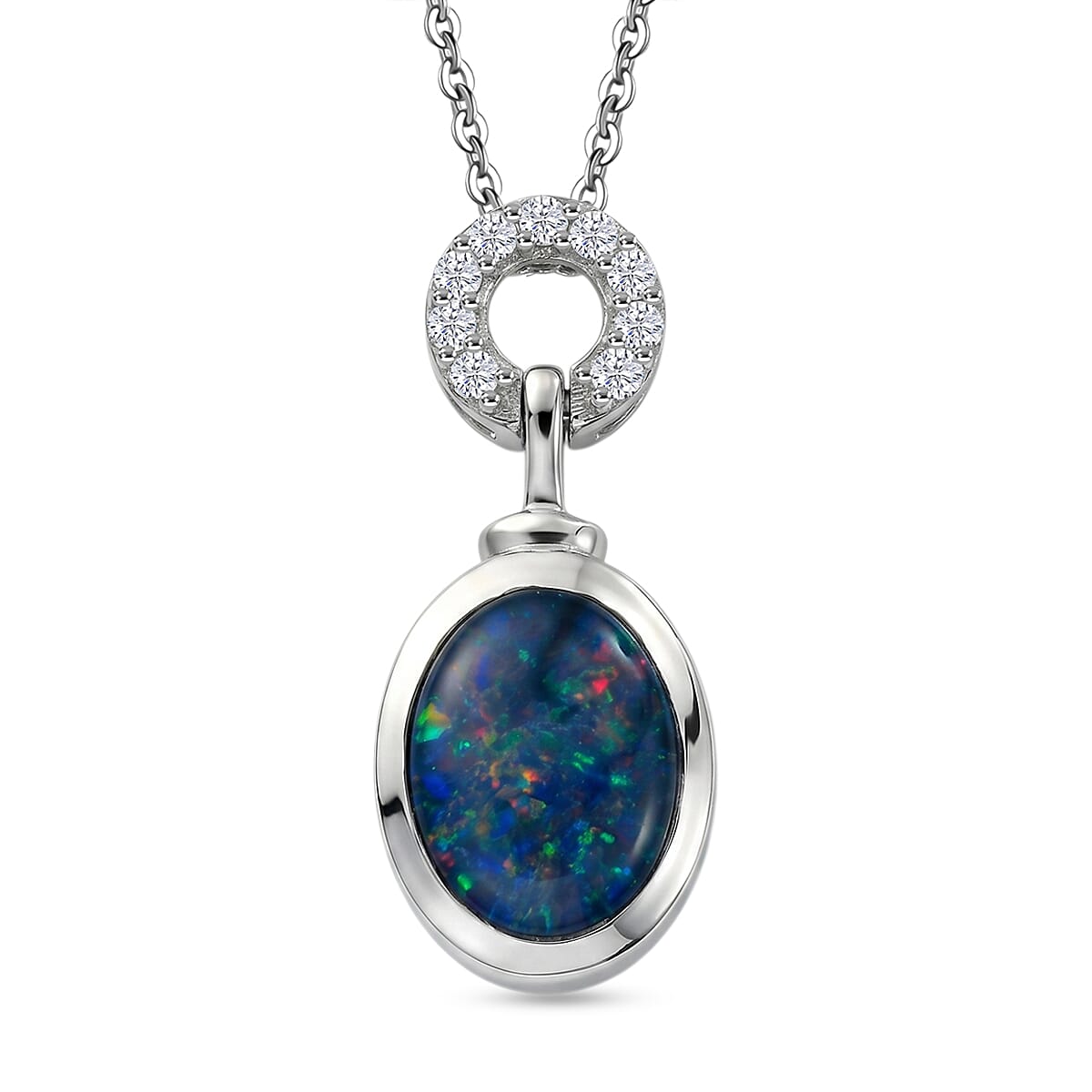 D'Joy - Boulder Opal &amp; White Zircon Pendant with Chain (Size 20) in Rhodium Overlay Sterling Silver 1.35 Ct 4475724 0