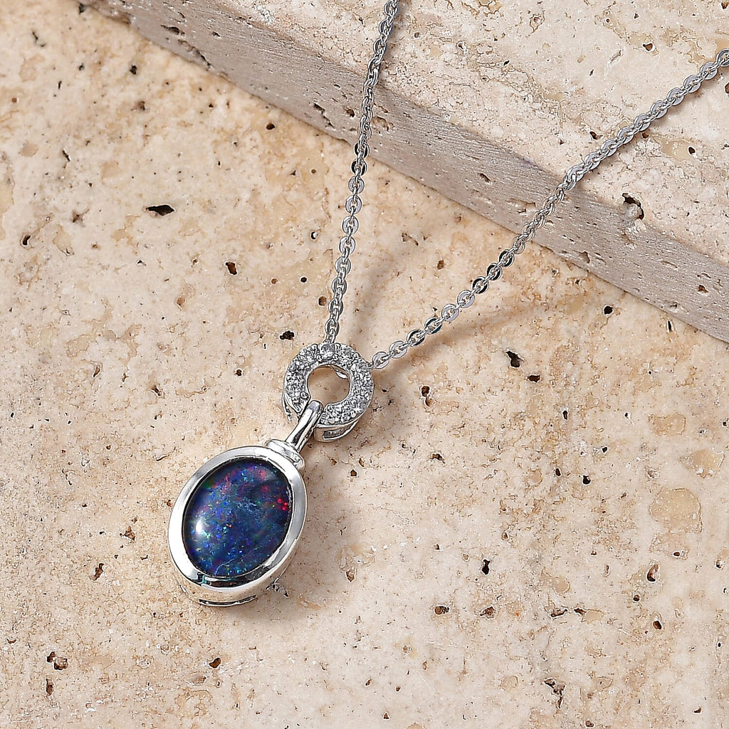 D'Joy - Boulder Opal & White Zircon Pendant with Chain (Size 20) in Rhodium Overlay Sterling Silver 1.35 Ct
