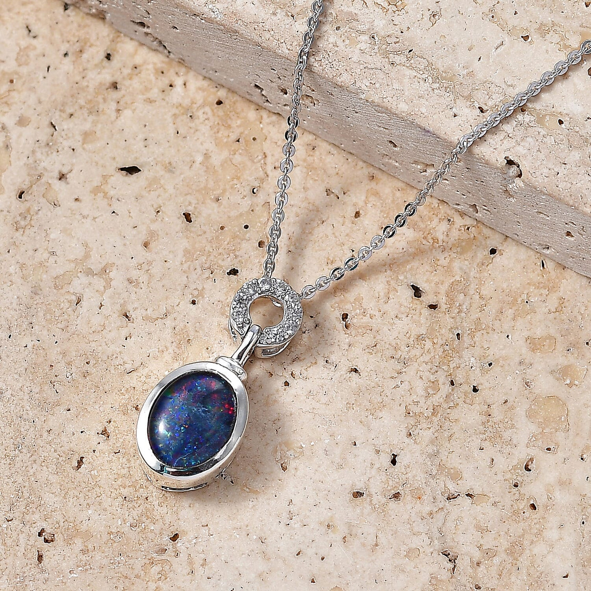 D'Joy - Boulder Opal &amp; White Zircon Pendant with Chain (Size 20) in Rhodium Overlay Sterling Silver 1.35 Ct 4475724 3