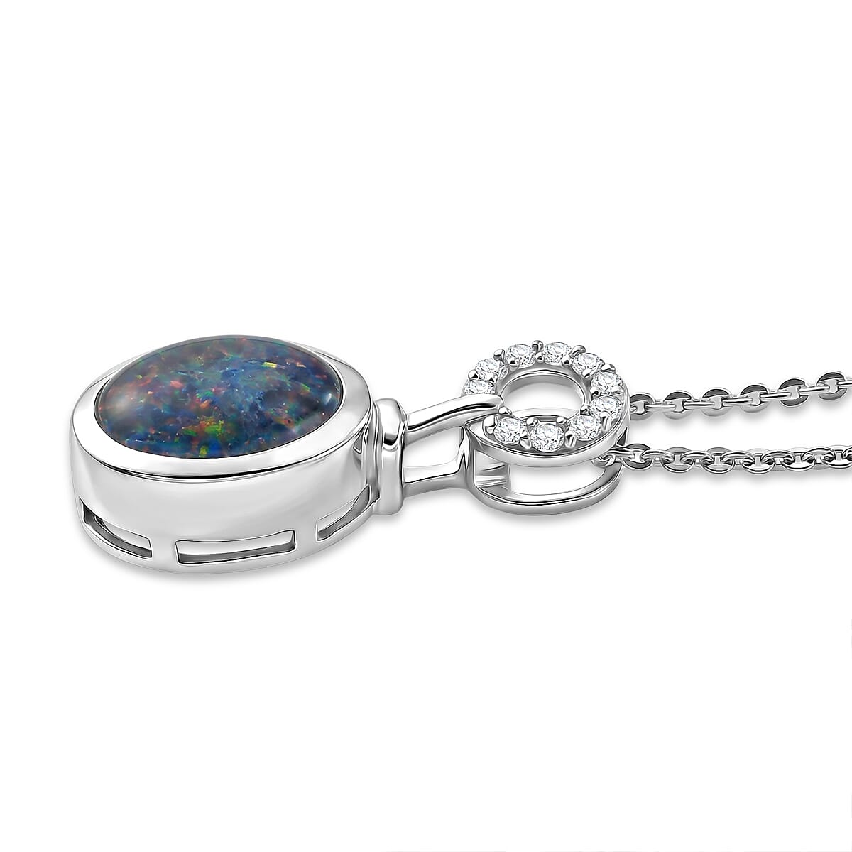D'Joy - Boulder Opal &amp; White Zircon Pendant with Chain (Size 20) in Rhodium Overlay Sterling Silver 1.35 Ct 4475724 4