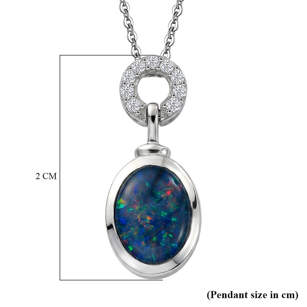 D'Joy - Boulder Opal & White Zircon Pendant with Chain (Size 20) in Rhodium Overlay Sterling Silver 1.35 Ct