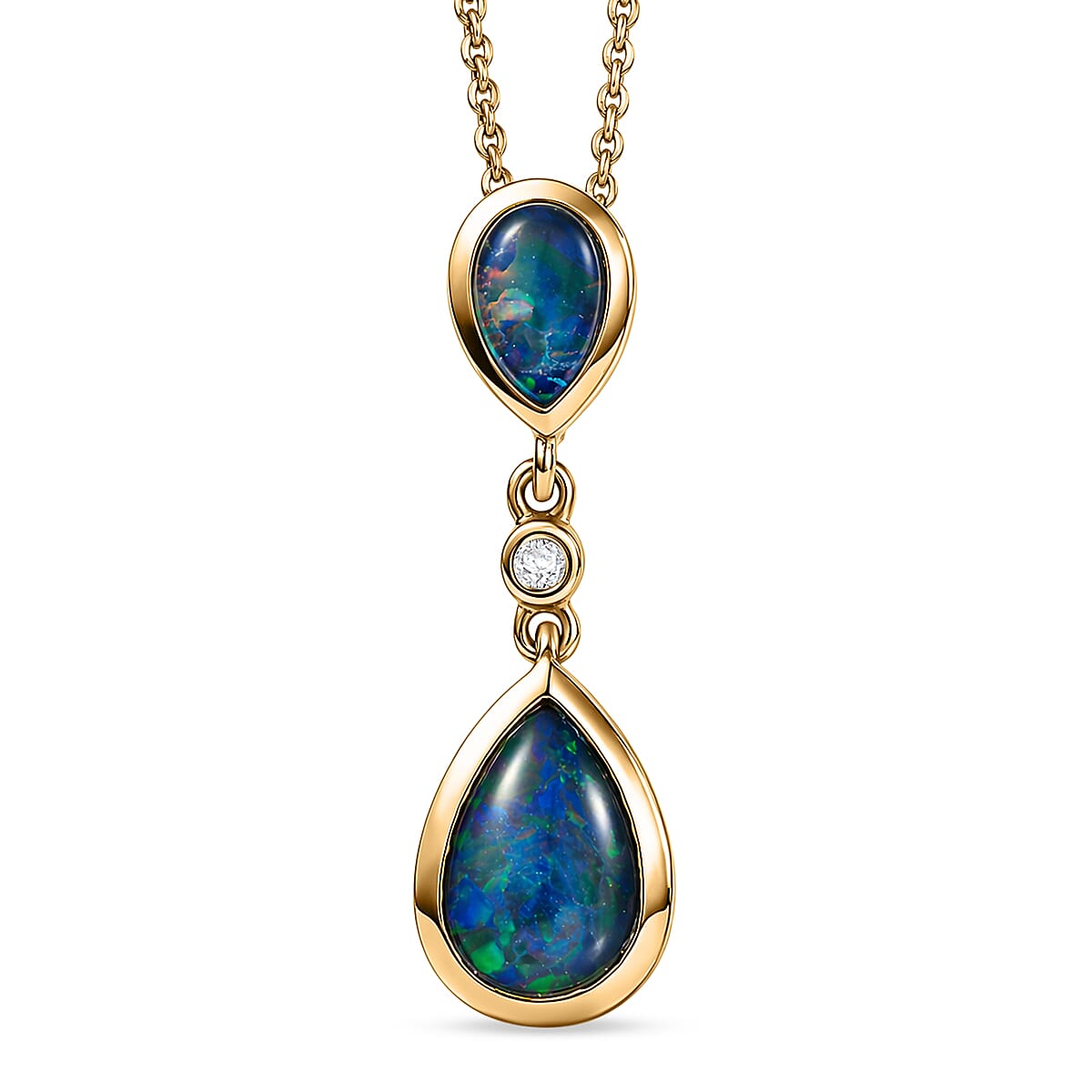 D'Joy - Boulder Opal &amp; White Zircon Drop Pendant with Chain (Size 20) in Yellow Gold Plated Sterling Silver 1.30 Ct. V32519201 0