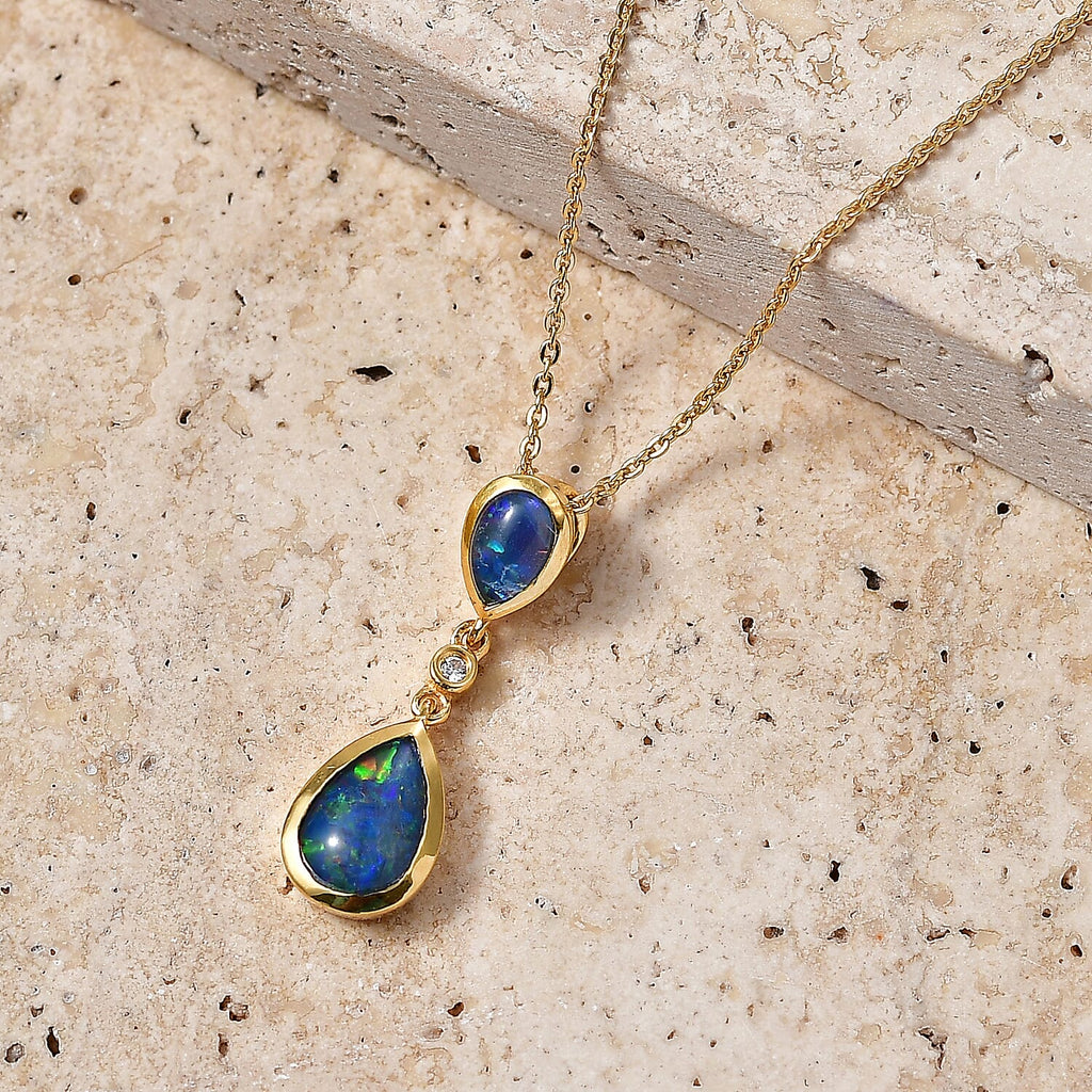 D'Joy - Boulder Opal & White Zircon Drop Pendant with Chain (Size 20) in Yellow Gold Plated Sterling Silver 1.30 Ct.