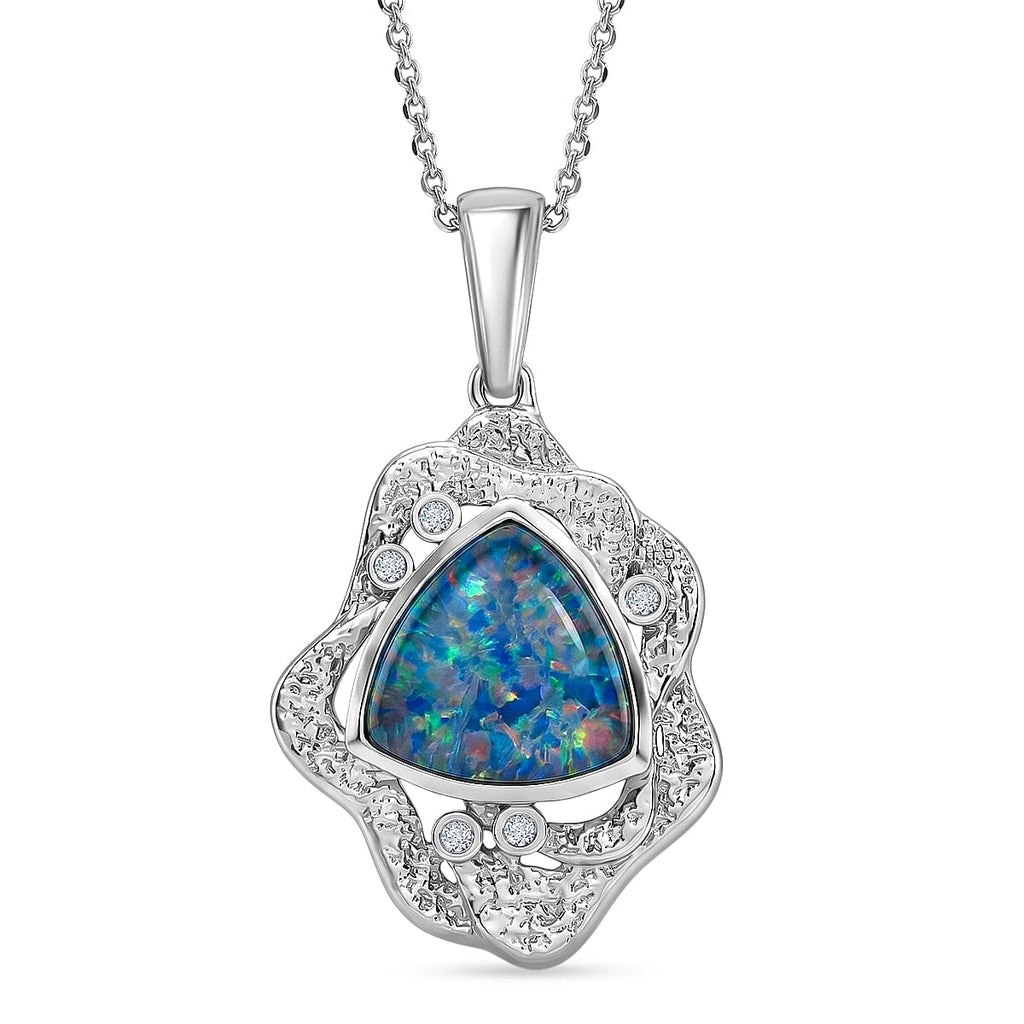 D'Joy - Boulder Opal White Zircon Pendant with Chain (Size 20) in Rhodium Overlay Sterling Silver 2.50 Ct.