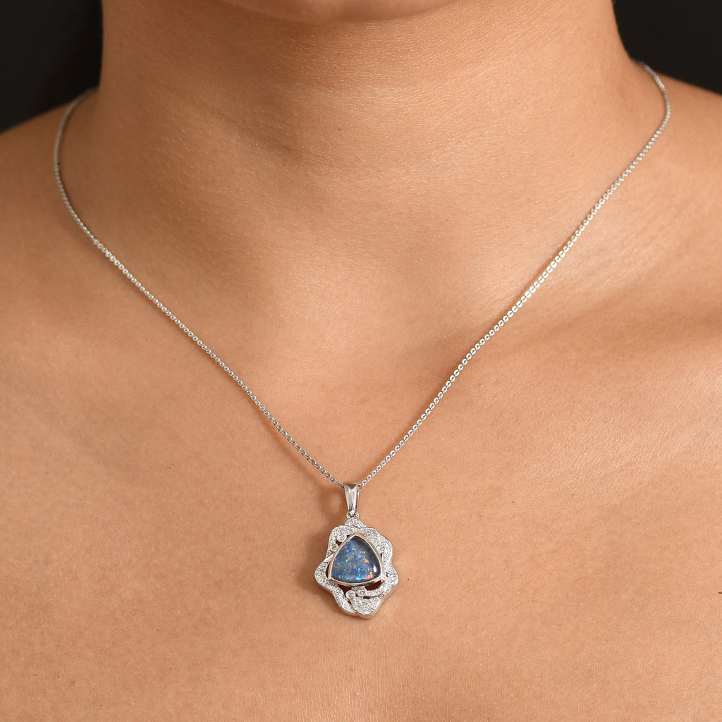 D'Joy - Boulder Opal White Zircon Pendant with Chain (Size 20) in Rhodium Overlay Sterling Silver 2.50 Ct.