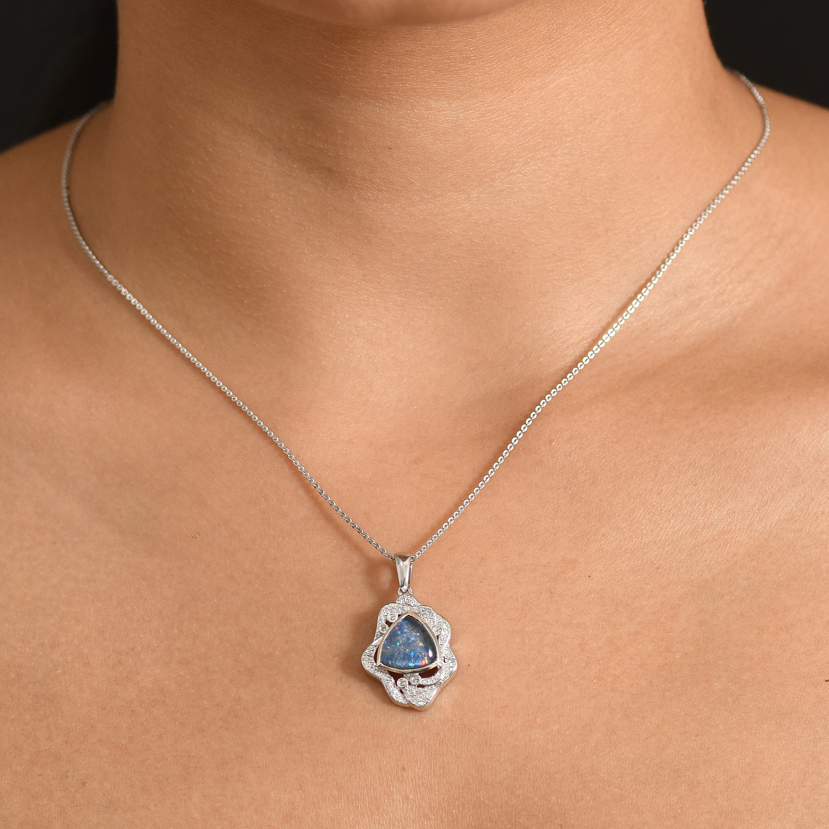 D'Joy - Boulder Opal White Zircon Pendant with Chain (Size 20) in Rhodium Overlay Sterling Silver 2.50 Ct. 4477967 2