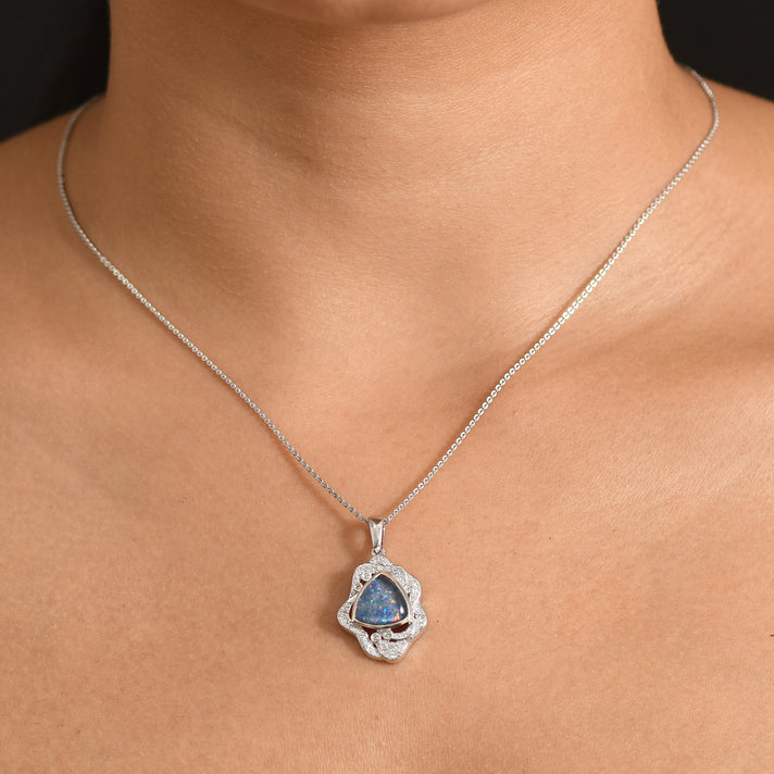 D'Joy - Boulder Opal White Zircon Pendant with Chain (Size 20) in Rhodium Overlay Sterling Silver 2.50 Ct. 4477967 2
