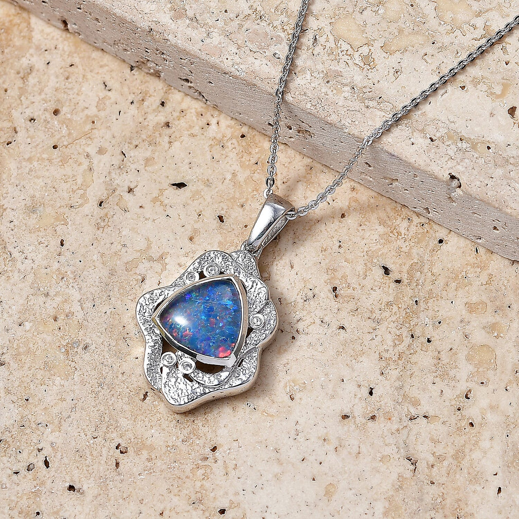 D'Joy - Boulder Opal White Zircon Pendant with Chain (Size 20) in Rhodium Overlay Sterling Silver 2.50 Ct.