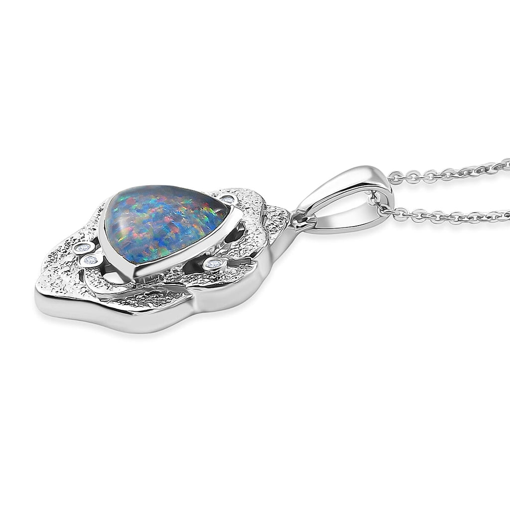 D'Joy - Boulder Opal White Zircon Pendant with Chain (Size 20) in Rhodium Overlay Sterling Silver 2.50 Ct.