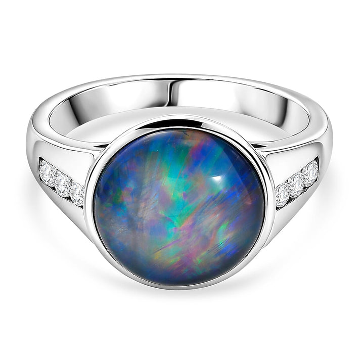D'Joy - Boulder Opal Triplet &amp; White Zircon Ring in Rhodium Overlay Sterling Silver 3.85 Ct. 8573380 1