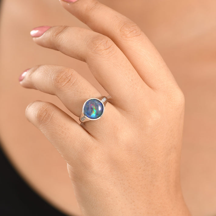 D'Joy - Boulder Opal Triplet &amp; White Zircon Ring in Rhodium Overlay Sterling Silver 3.85 Ct. 8573380 2