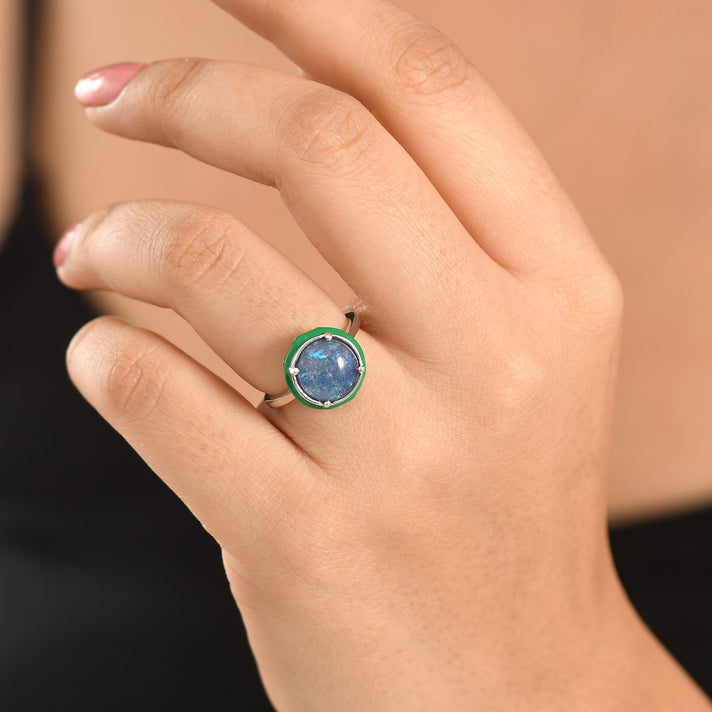 D'Joy - Boulder Opal Triplet &amp; White Zircon Solitaire Ring in Rhodium Overlay Sterling Silver 2.43 Ct. 8576515 2