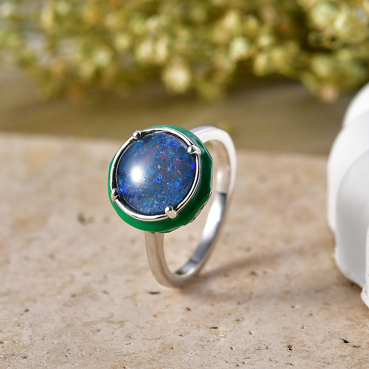 D'Joy - Boulder Opal Triplet &amp; White Zircon Solitaire Ring in Rhodium Overlay Sterling Silver 2.43 Ct. 8576515 3
